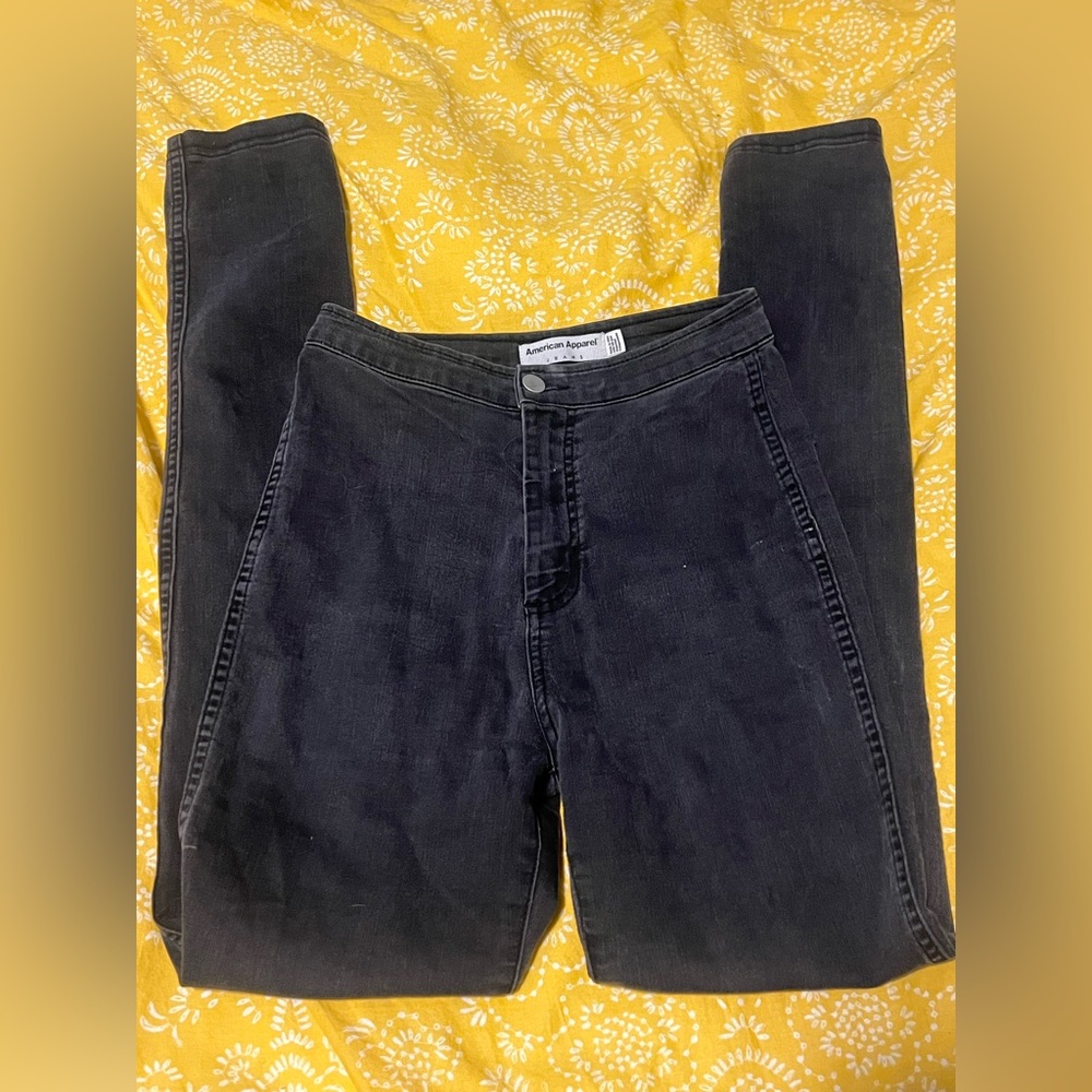 American Apparel Women's Large Black Faded Denim Jeans Stretch High Rise Skinny